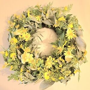 Binfen 20" Spring Summer Blossom Wreath Forsythia Daisy Yellow Green NWT